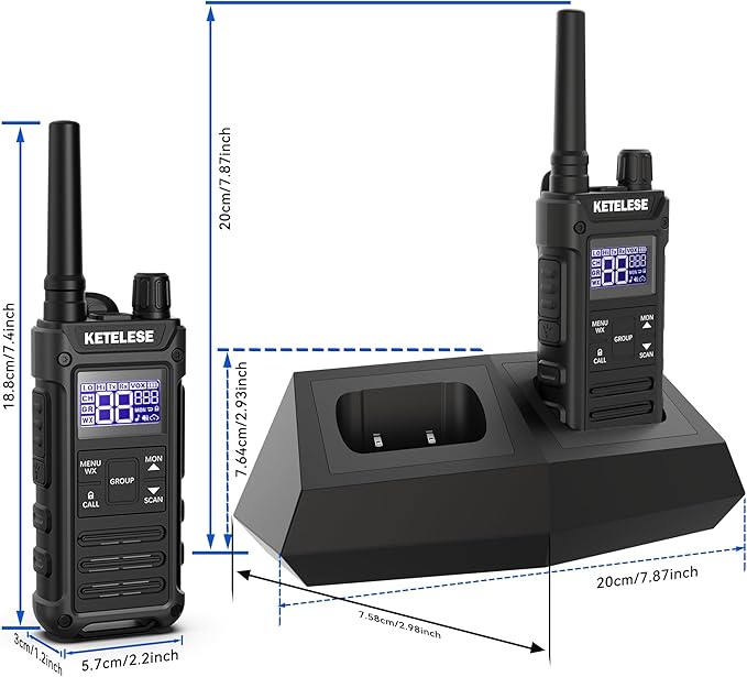 KETELESE T3G IP67 Waterproof Walkie Talkies for Adults, Heavy Duty 2 Way Radios with Earpiece, Three Charging Options, GMRS Radio, USB, NOAA, VOX(2 Pack), Black/Grey