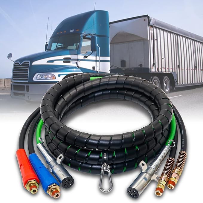 15FT Air Line Hose Kit, 3-in-1 ABS & Power Airline Air Hose Kit for Semi Truck Tractor Trailer, 7 Way Plug Electrical Cord Cable and Rubber Air Lines Hose Assembly Ki