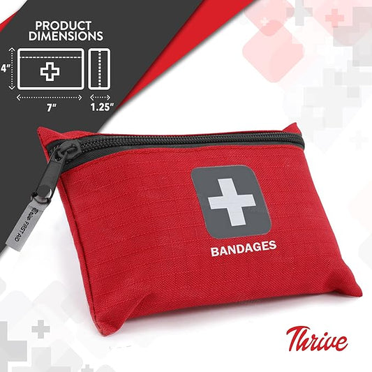 Thrive Bulk Fabric Adhesive Bandages Variety Pack - Portable Zipper Pouch for Travel & Car First Aid Kit - Waterproof & Latex-Free Bandages for Camping & Hiking First Aid Kit - 305 Piece Set, Red