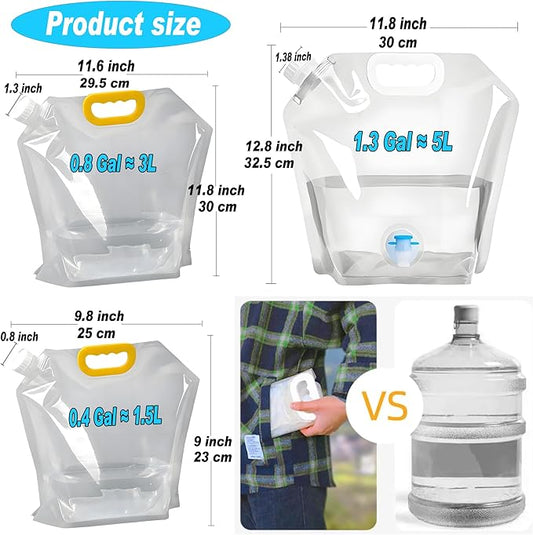 Collapsible Water Storage Bag 3-Pack(0.4 Gal + 0.8 Gal + 1.3 Gal) Portable Water Container with Faucet for Camping,Hiking, Emergency | Transparent Outdoor Water Bag with Carry Handle (3-Pack 2.5 Gal)