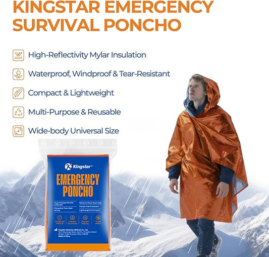 2 Pack Emergency Mylar Poncho, Waterproof Rain Ponchos, Reusable Packable Ponchos, Survival Blanket Poncho for Outdoor Camping & Hiking, Rescue, Car Emergency Kit, Shelter/Tent Cover