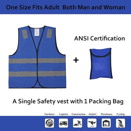 Blue Safety Vests 10 Pack - Reflective High Visibility Construction ANSI Class 2 Work Vests for Men,Woman,Hi Vis Mesh and Neon Silver Strip
