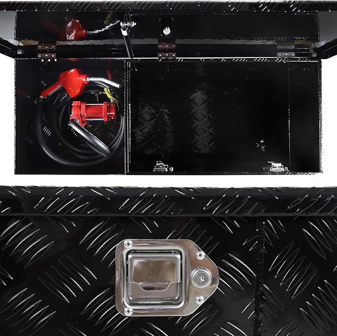 51 Gallons Fuel Transfer Tank Tool Box Combo Aluminum Gasoline Diesel Transfer Tank & Toolbox with 12 GPM Fuel Transfer Pump, Auxiliary Tank, Black Diamond Plate