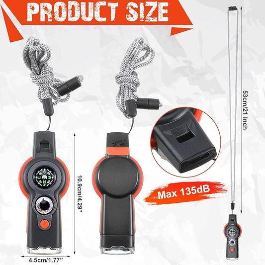 12 Pack Emergency Survival Whistle 7-in-1 Compass Hiking Survival Safety Whistle with Lanyard Outdoor Multifunctional Tool Ideal for Hiking Camping Rescue Signaling