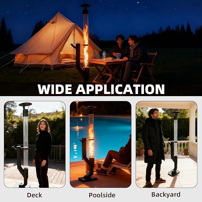 Wood Pellet Patio Heater, Portable Gravity Feed Outdoor Heater with Glass Tube Flame, Smokeless Non-Electric Rocket Stove for Backyard, Deck, Camping & RV (Black) (70" wheels)