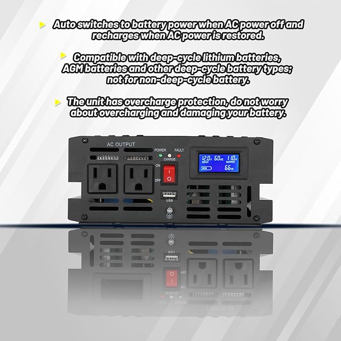 1500W Primary Sump Pump Backup System, Basment Protection Backup Inverter, Black, LCD Display, Auto Switches for Continuous Sump Pump Operation, Basement Emergency and Power Outage Backup