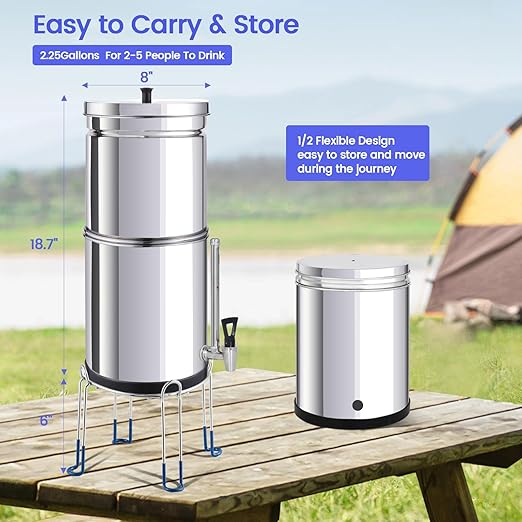 NSF/ANSI 42&372 Standard Stainless Steel Portable Gravity-Fed Water Filter System Water Filter System with Filter and Sight Glass Spigot at Home and Camping (BT-2.25C-A)