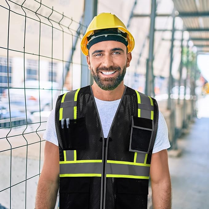 SKSAFETY 10 Pockets Safety Vest, Class 2 High Visibility Security with Zipper Double-sided mesh, Hi Vis Vest with Reflective Strips, ANSI/ISEA Standard, Construction Work Vest (Black, 2XL)