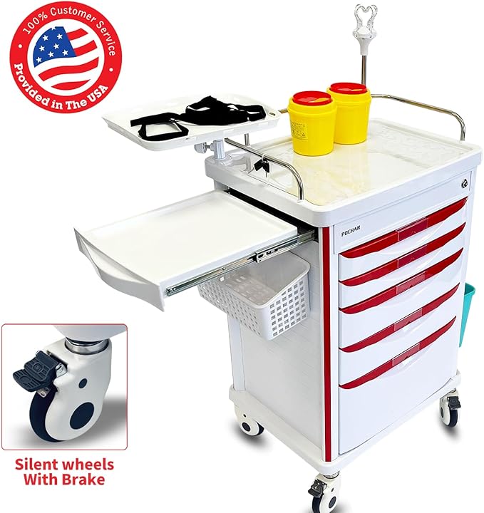 Pochar Medical Crash Cart with Emergency Accessory - Cardiac Board, IV Pole, O2 Holder, Power Strip, Trash Bin, Drawers with Dividers - Mobile Emergency Cart for Hospitals and Clinics