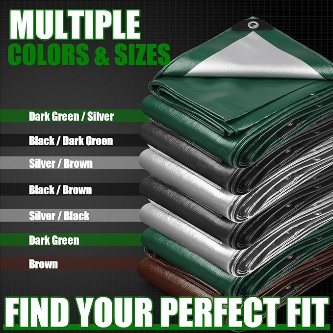 Sunvigor Tarp Waterproof 8x10Ft, Extra Thick 14 Mil Heavy Duty Tarp Cover, Tear & Fade Resistant, Outdoor Tarps with Brass Grommets and Reinforced Edges for Roof, Camping, Patio, Boat (Green)
