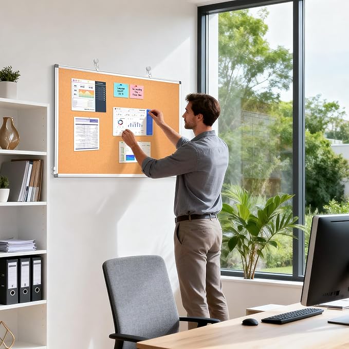 Double-Sided Cork Bulletin Board for Wall, WALGLASS 24" x 18" Hanging Wall Mounted Notice Board, Pin Display Vision Cork Board, Aluminium Framed Message Corkboard for Office, Home, School