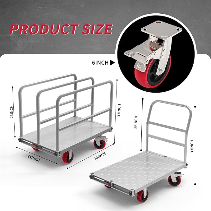 2IN1 Steel Panel Truck Cart, Lumber Cart Drywall Dolly,2500LBS Heavy Duty Flatbed Cart Dolly with 6" Swivel Brake Wheels, 40x24INCH 2MM Plate Platform Truck with 1Front and 3Side Handrails