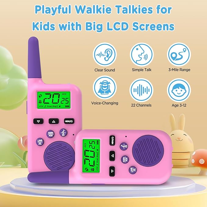 Peakeep Walkie Talkies for Kids Long Range 3 Miles, Voice-Changing Toys Gifts for 3-12 Years Old Boys Girls, 2 Way Radios Big LCD Screen, Flashlight, Camping Hiking Outdoor, Battery Operated, 2 Packs