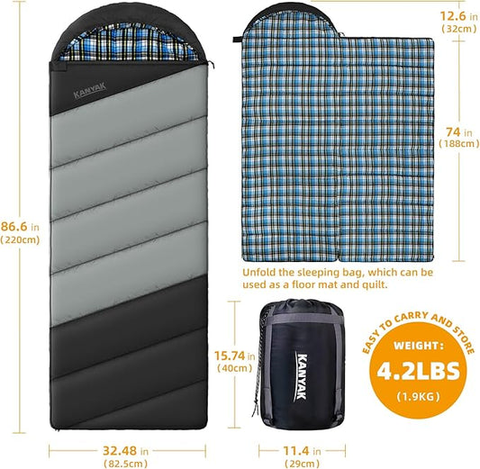 Cotton Flannel Lined Sleeping Bag for Adults Teens Kids, Cold Weather & Warm, 3 Seasons, Lightweight Compact Camping Essentials Equipment, Hiking, Outdoor, Travel