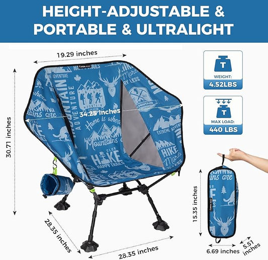 ATEPA UFO3.0 Backpacking Camping Chair, Ultralight Extra Wide Comfortable Folding Chairs Heavy Duty Portable Hexagon Ergonomic Height Adjustable Seat with Anti-Sinking Feet for Hiking Outdoor, Blue