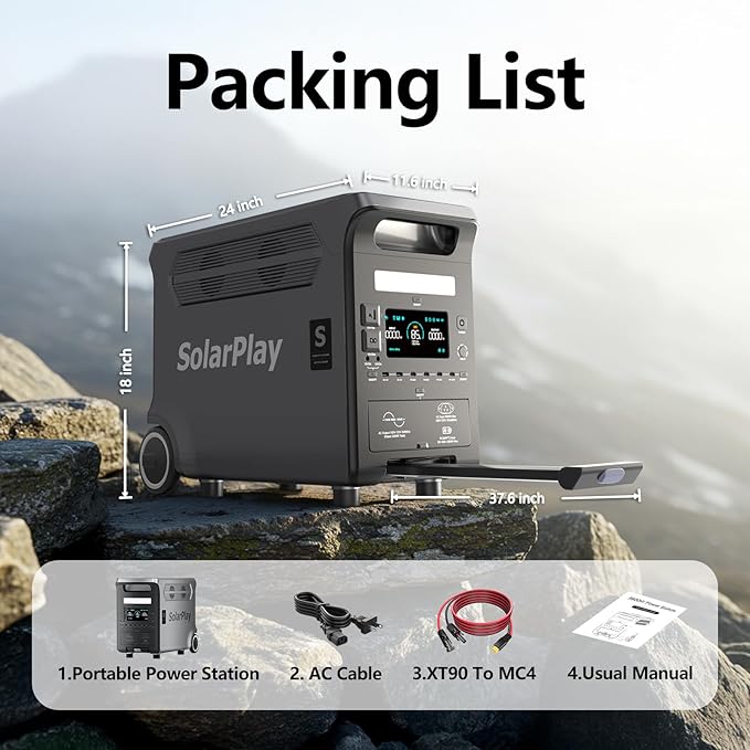 SolarPlay Portable Power Station, 3600W((5500W Peak), 3840Wh Solar Generator 2Hrs Fast Charging LiFePO4 Battery, Adjustable Input Power, UPS function with AC output for Home Camping Outdoor Backup