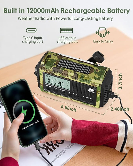 Hand Crank Emergency Radio, 12000mAh/44400mWh Battery Powered Long Runtime, AM/FM/Shortwave/NOAA Alert, Loud SOS,Flashlight,Phone Charger,Portable Rechargeable Solar Weather Radio for Power Outages