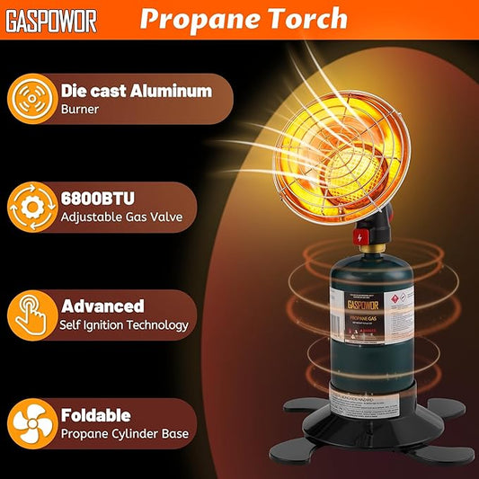 6800BTU Propane Heater with Igniter, Portable Outdoor Gas Heater for Camping, Golf Carts, Patio, Cordless Design with Cylinder Stand (Tank Not Included)
