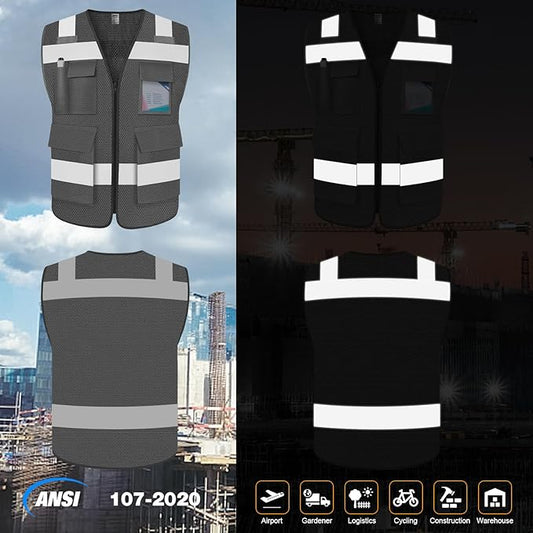 TCCFCCT Mesh Hi Vis Vest 5 Pockets High Visibility Reflective Safety Vest for Men Women, Neon Construction Vest with Horizontal Strip for Walkie-talkie and ID Card, Meets ANSI/ISEA Standards, Grey, 3XL