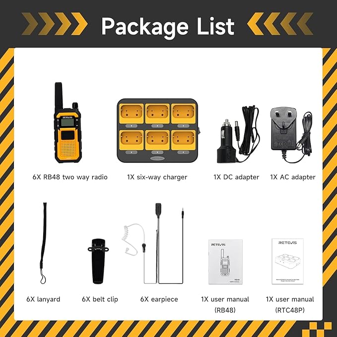 Retevis RB48 2 Way Radio Long Range, MIL-STD 810H Heavy Duty Walkie Talkies with Earpiece, Support VOX, Advanced Triple Proof, 2000mAh, NOAA, Vibration Reminder(6 Pack with Gang Charger)