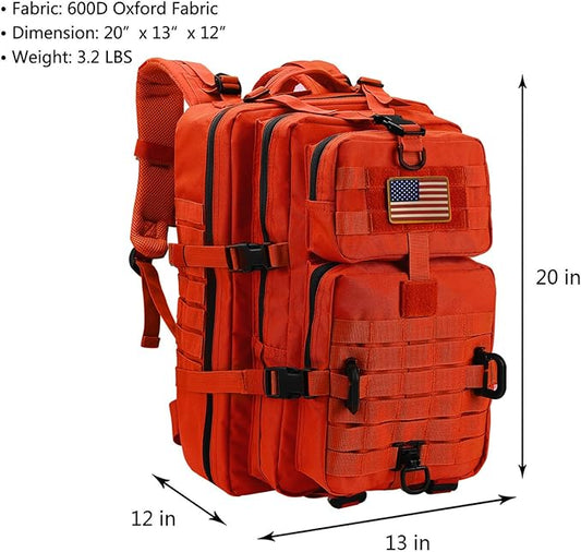 MOLLE Assault Backpack, Tactical Backpack Military Army Camping Rucksack, 3-Day Pack Trip w/USA Flag Patch, D-Rings, Orange