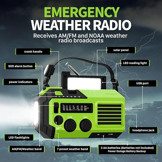 FosPower NOAA Emergency Weather Radio A6 19240mWh Portable Power Bank, AM/FM, USB/Solar/Hand Crank Charging, Battery Operated, SOS Alarm & Flashlight for Indoor/Outdoor Emergency - Green
