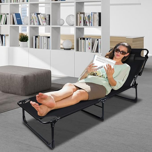 Camping Cot with Mattress, Portable Folding Cot for Sleeping Reclining Folding Chaise Outdoor Lounge Chair Sleeping Cots for Adults with Adjustable 4-Position Supports 440 LBS for Office Home Outdoor