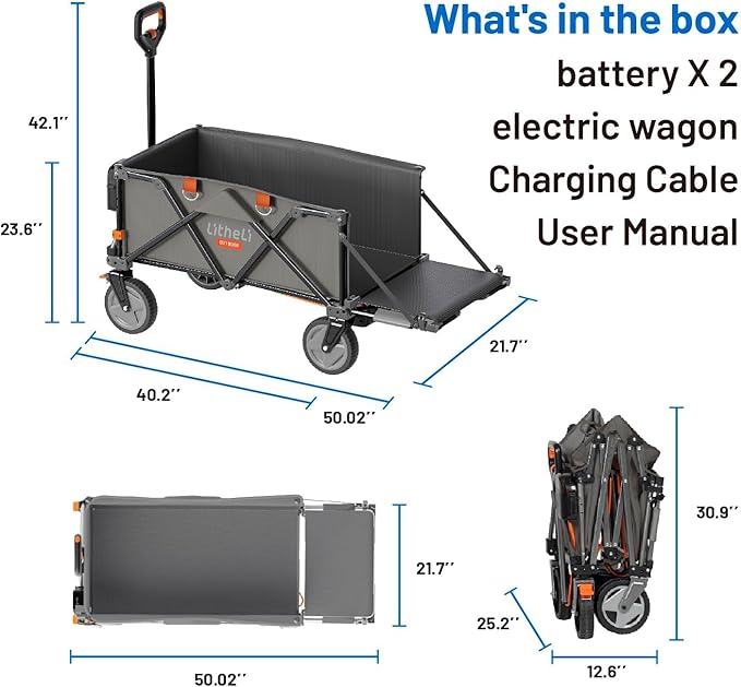 Litheli Electric Wagon Cart with 2 Batteries, All-Terrain Wheels & Variable Speed | 200L Capacity, 300 lbs Heavy-Duty Utility Wagon for Camping Beach Garden Shopping, Grey