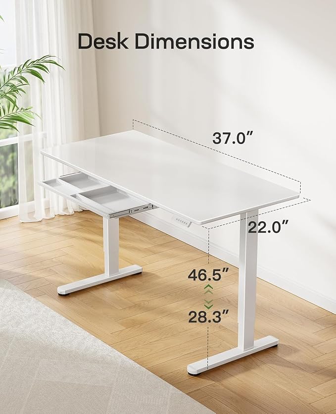 Marsail Glass Electric Standing Desk with Drawer, 37 x 22 Inches Height-Adjustable Desk, One-Piece Tempered Glass Top, Ergonomic Home Office Sit Stand Desk with 4 Preset Heights, White