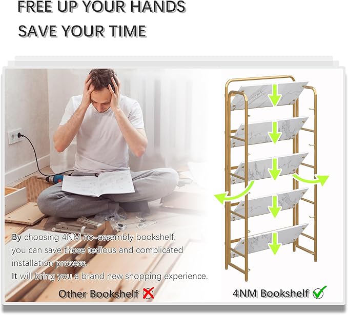 4NM No Assembly Folding Bookshelf, 5 Tiers Collapsible Book Shelves Open Industrial Foldable Storage Bookcase Shelf for Bedroom, Living Room, Home Office - White and Gold