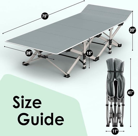 Suteck Camping Cot, Folding Camping Cot Bed for Adults Sleeping 1200D Double Layer Oxford Portable Folding Outdoor Cots for Camping W/Soft Pad Carry Bag for Home Office Nap Beach Travel, 500LBS,Grey