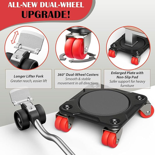 ONEON Furniture Mover Ultra with 8 Wheels – All-New Upgraded Heavy Item Moving Tool Double-Wheeled Low-Profile Dolly with Auxiliary Lifter, Full Carbon Steel Panels, Supports up to 1650 lbs