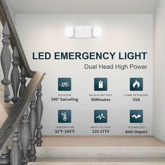 12PK LED Emergency Lights, Commercial Emergency Lights for Business, Power Outages, Offices, with Backup Battery (90 Minutes), Wall Mount, Hard Wired, 120-277V, Fire Resistant (94V-0) UL