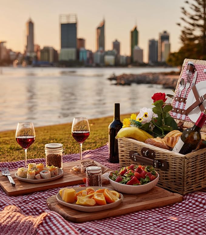 Picnic Basket for 2 with Waterproof Picnic Blanket, Wicker Picnic Set Kit with Cooler for Beach, Insulated Picnic Baskets, Bridal Shower Gift Wedding Gifts with Mr Mrs Wine Glasses and Greeting Card