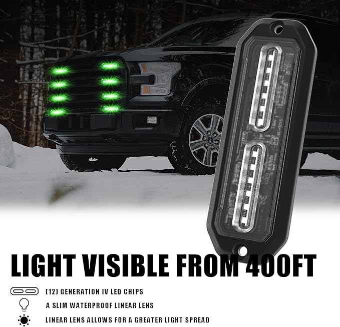 WINECO Green 8pcs Ultra Slim LED Emergency Strobe Police Lights, Surface Mount Grill Grille Hazard Safty Warning Flashing Light for Volunteer Trucks Vehicles