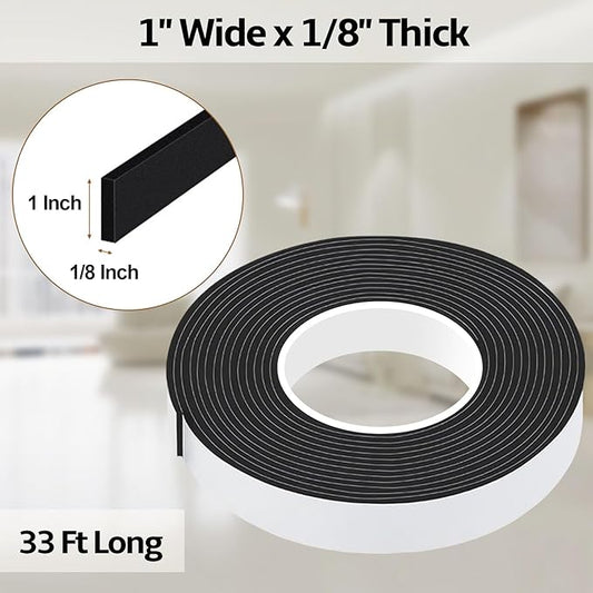 1 in Wide x 1/8 in Thick x 33FT Foam Weather Stripping Door Seal,Window Sealing Tape,Single-Sided Self-Adhesive Insulation Sealing Strip,Black