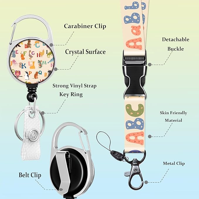Colorful Alphabet Lanyards for ID Badges English Letter ID Badge Holder with Lanyard Retractable Badge Reel Lanyard Teacher Kids