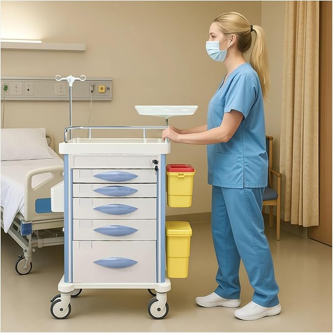 Emergency Crash Cart with Accessories IV Pole, Cardiac Board, O2 Holder, Mobile Cart, Trash Can, Drawer for Clinic,Nursing Center, 30" L x 19" W x 38" H (Grey)