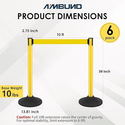 6 Pack Stanchions with Retractable Belts - Heavy Duty Crowd Control Barriers with Weighted Rubber Base, Retractable Belt Stanchions for Queue Line, Events, Public Safety(Yellow,6 Pack)