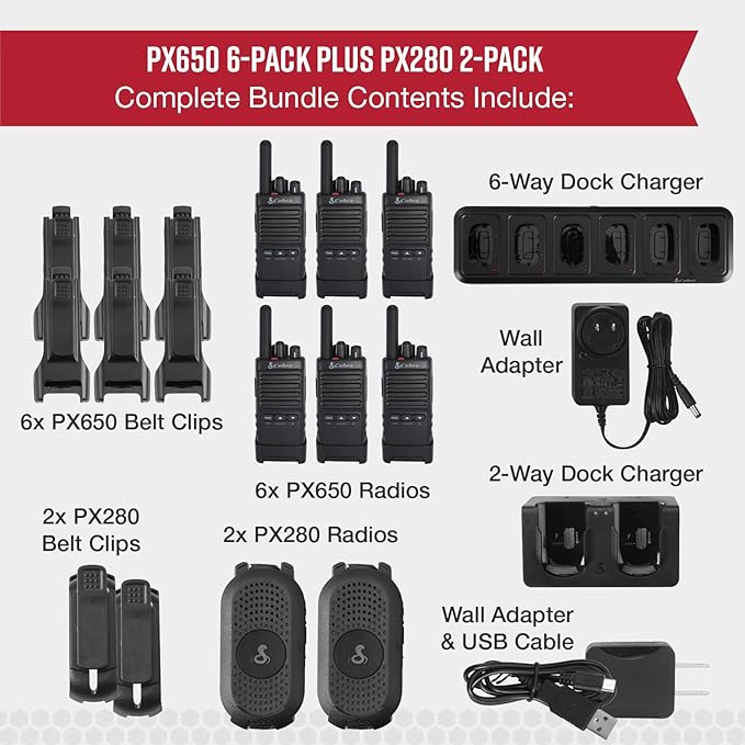 Cobra Business Radio Bundle – 8 Professional Walkie Talkies (2 PX280, 6 PX650) - Compact Long-Range Two-Way Radios, Dock Chargers, IP54 Durable, Rechargeable