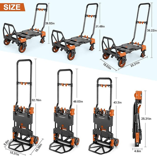 2-in-1 Folding Hand Truck Dolly 330LB Load Carrying, Hand Truck Foldable Dolly with Retractable Handle and 4 Rubber Wheels, Portable Folding Hand Cart for Moving/Travel/Office(Orange)