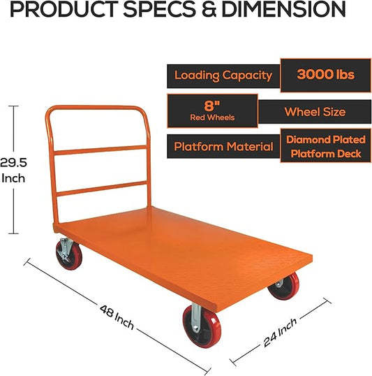 5Seconds Flatbed Platform Cart Industrial Dolly Heavy Duty 48” x 24” Platform Hand Push Truck Super Heavy Duty Diamond Plate Flatbed Cart with 3000Lb Capacity 8'' Swivel Wheels with Lock