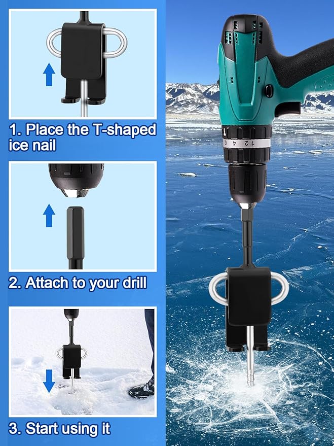 MADHOLLY Universal Ice Anchor Tool- Ice Anchor Drill Adapter Kit, 4 Ice Fishing Shelter Stake Nail 1/4" Adapter Head for Ice Insert Sewing- Ice Shanty Anchors for Setting Up Shelter Tent Dad Gifts