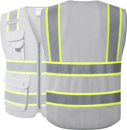 JKSafety 9 Pockets Hi-Vis Fluorescent Color Zipper Front Safety Vest with Neon Color Extended Yellow Trims for Men and Women Work Safety Utility (901-Grey 5XL)
