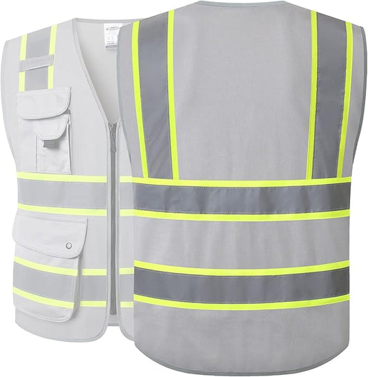JKSafety 9 Pockets Hi-Vis Fluorescent Color Zipper Front Safety Vest with Neon Color Extended Yellow Trims for Men and Women Work Safety Utility (901-Grey L)