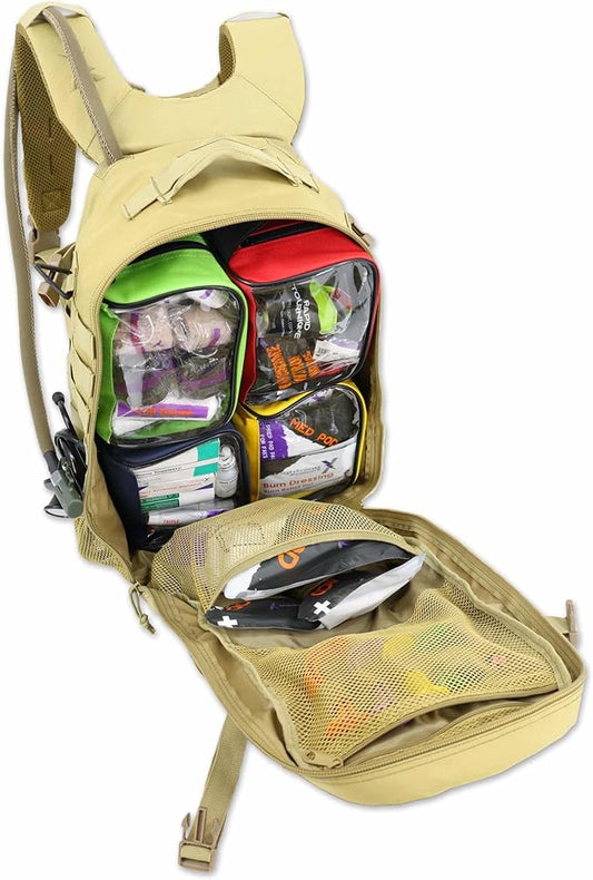 Lightning X Stocked Modular Trauma & Bleeding First Aid Responder Medical Backpack + Kit (Tan w/Hydration Bladder)