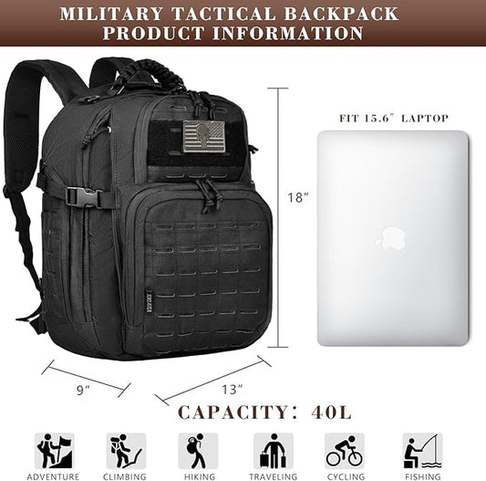 Military Tactical Backpack for Men, 40L Molle EDC Daypack Work Backpack for Trekking, Army 3 Days Assault Pack & Bug Out Bag with Water Bladder Compartment, Hiking Rucksack
