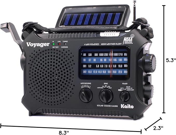 Kaito KA500 5-way Powered Emergency AM/FM/SW NOAA Weather Alert Radio with Solar,Dynamo Crank,Flashlight and Reading Lamp, Color Black