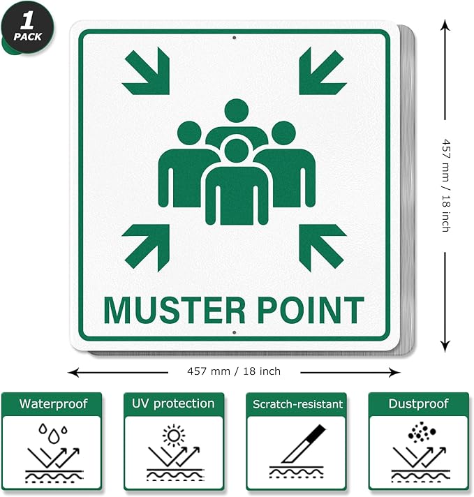 Muster Point Sign with Pre-Drilled Holes 18 × 18 Inches Heavy-Duty Aluminum Reflective Waterproof Signage for Warehouse School Hospital