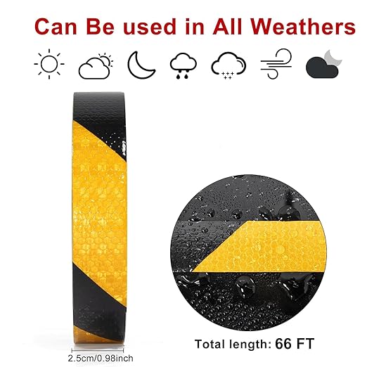 Reflective Tape, Waterproof Self Adhesive Dot Reflective Tape Outdoor Safety Caution Reflector for Trailers, Bikes, Cars(Black Yellow, 1 Inch x 65 Feet)